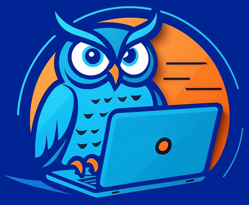 A blue owl typing on a laptop in front of an orange sun.