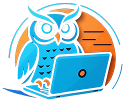 A blue owl typing on a laptop in front of an orange sun.