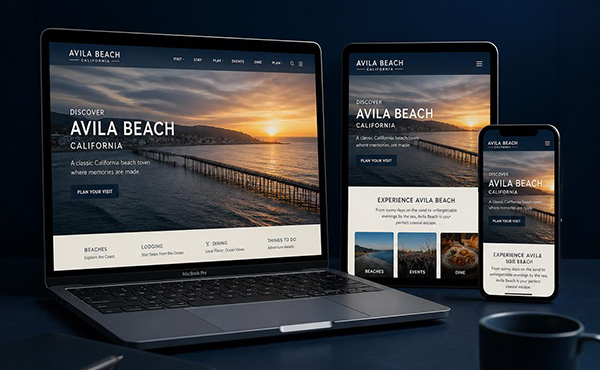 Multi-device digital architecture mockup displaying custom web design and lead capture UI for Avila Beeach, California.