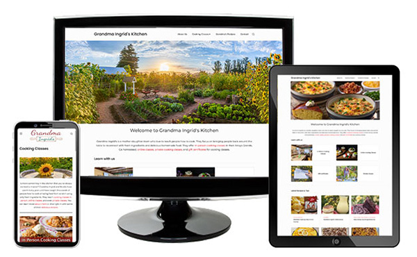 Multi-device digital architecture mockup displaying custom web design and lead capture UI for Grandma Ingrid's Cooking School